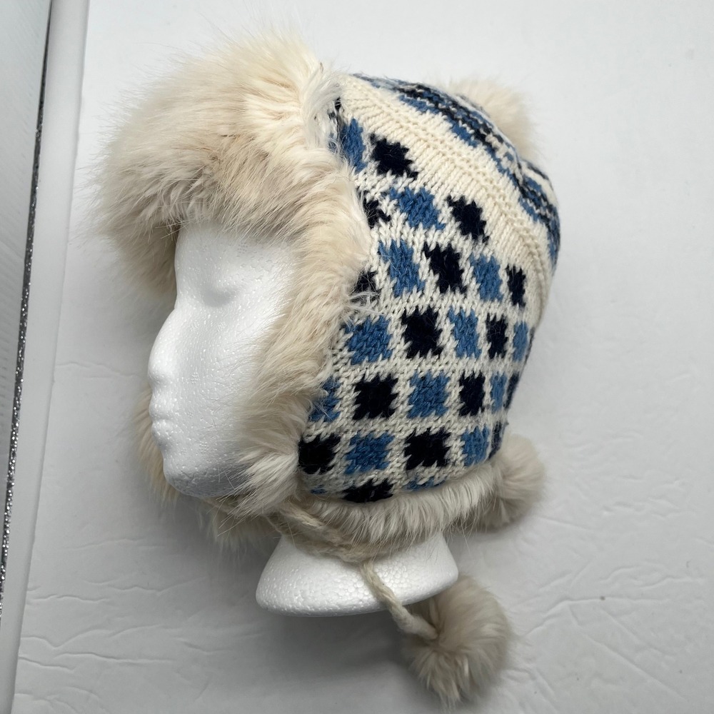 Lands End Knit Faux Fur Trapper Hat OS Fair Isle Blue Cream Geometric Cabincore